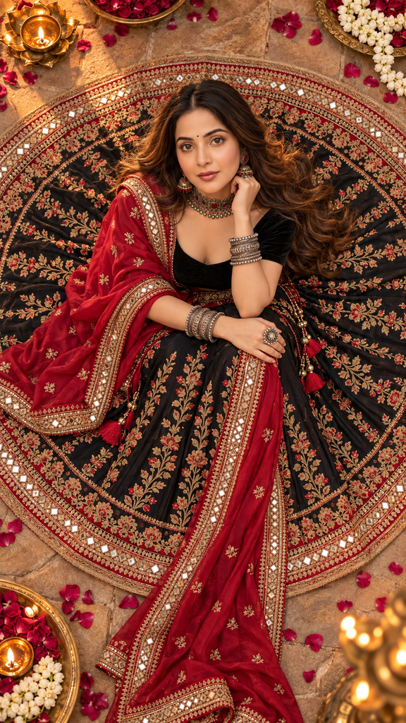 Birds eye black lehenga elegance