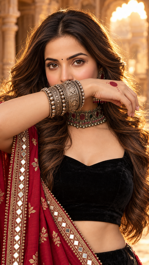 Crimson Dupatta and Silver Bangles