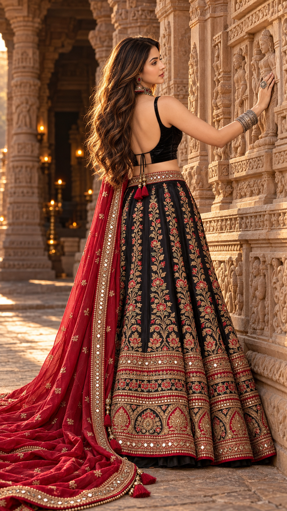 Crimson Lehenga Beside a Sandstone Temple