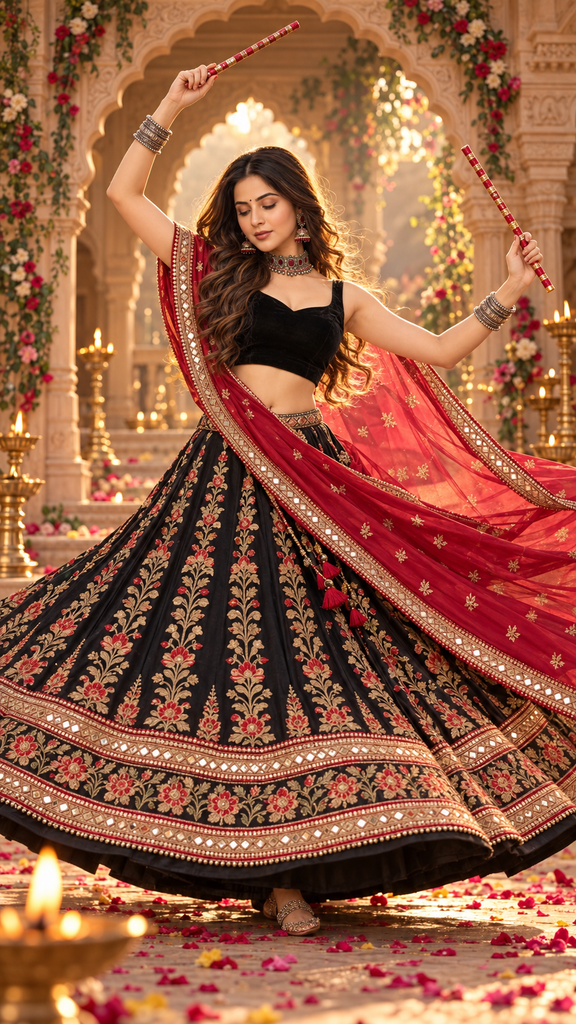 Crimson dandiya twirl in a sandstone palace