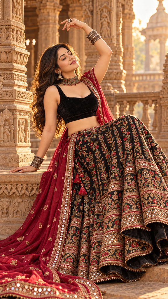 Crimson lehenga in golden temple light 1