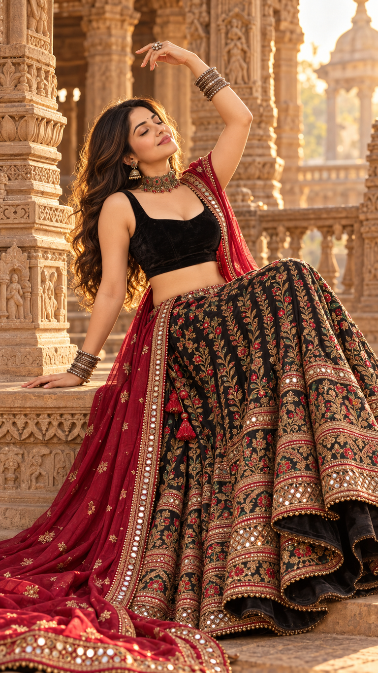 Crimson lehenga in golden temple light 1