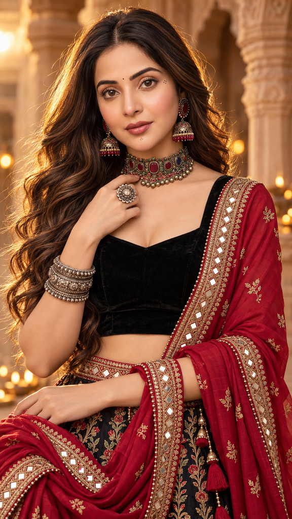 Crimson palace portrait with antique jewelry