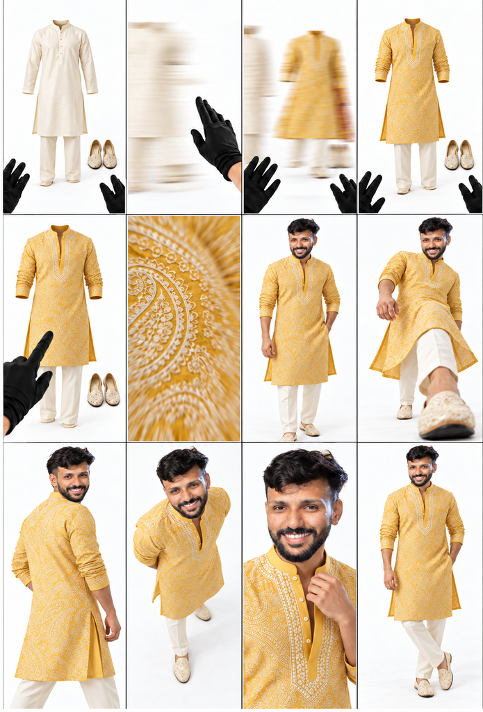 Mustard kurta menswear contact sheet